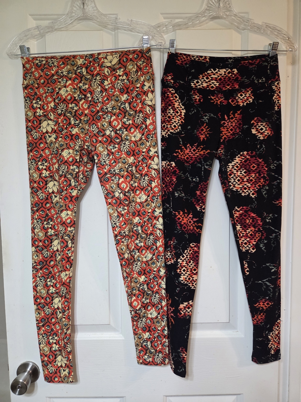LuLaRoe Girls' Printed Leggings in Orange and Black Floral Geometric Prints 2